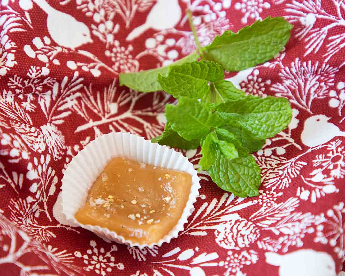 one homemade salted caramel in a mini muffin cup liner