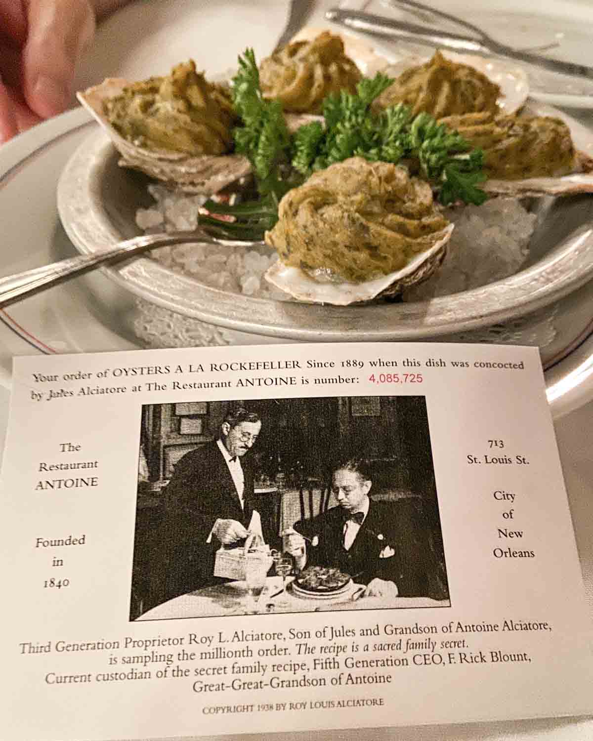 Oysters and certificate from Antoines
