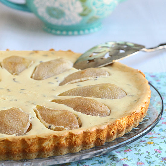 Lavender pear mascarpone tart, ready to serve