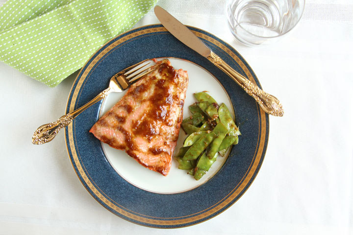 Miso glazed salmon and snow peas from above