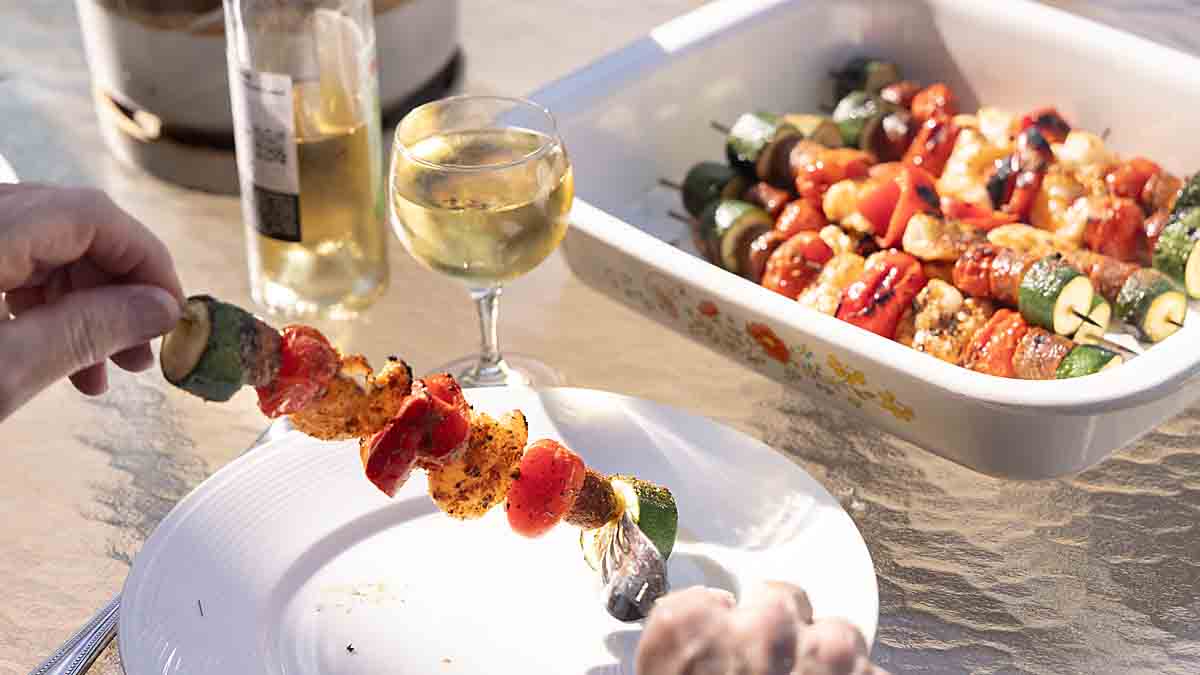 Cajun shrimp kabobs on the deck