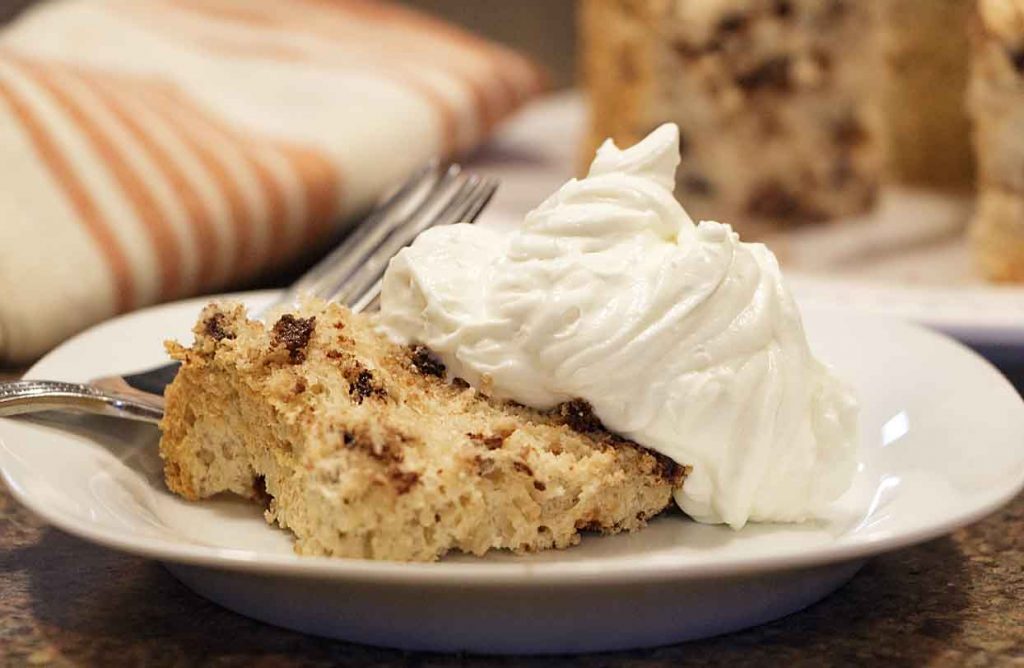 Rich, airy and flavorful, this surprisingly easy Coffee Chocolate Chip Angel Food Cake brings together warm coffee flavor with a bright chocolate accent.  