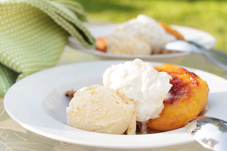Grilled Peaches and Pound Cake, topped with vanilla ice cream, is simple perfection at it's best.  Just add whipped cream.