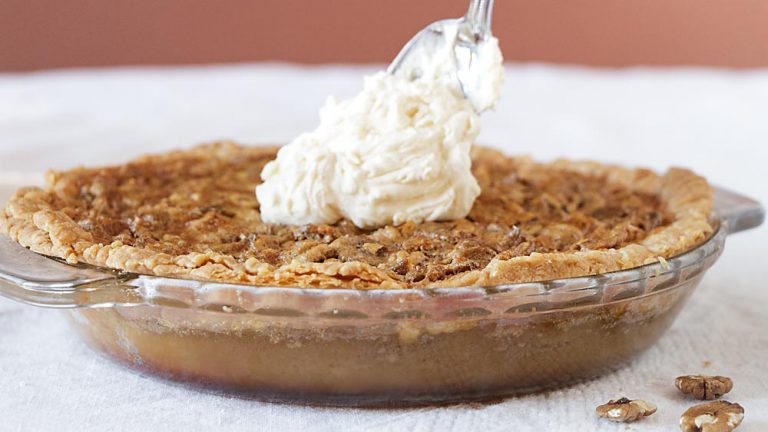 Sweet and nutty and flavored with maple, this maple nut pie (aka pecan pie) is a delicious treat for any special occasion.  All natural, with no corn syrup, there are instructions for making a mini-pie for 2-4 or a full-sized pie.