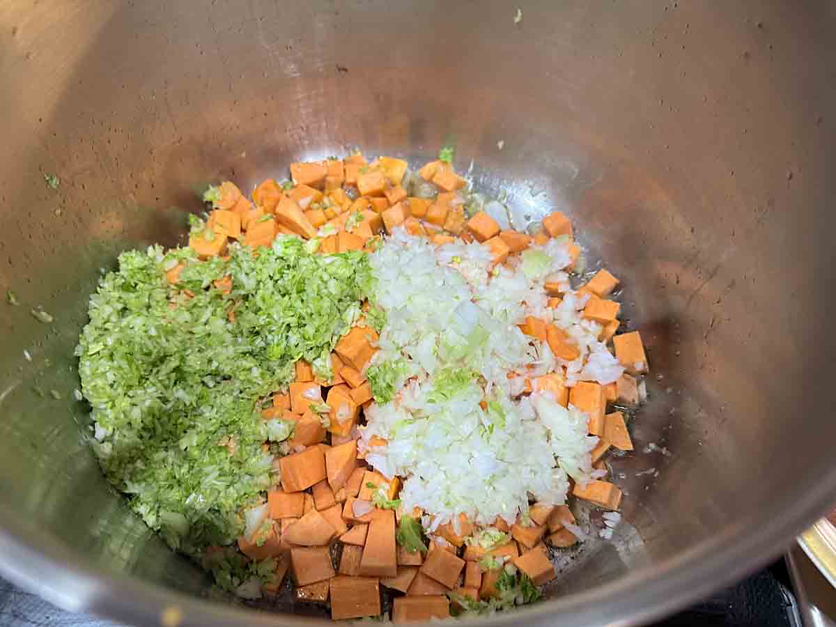 sautee sweet potatoes, onion, celery