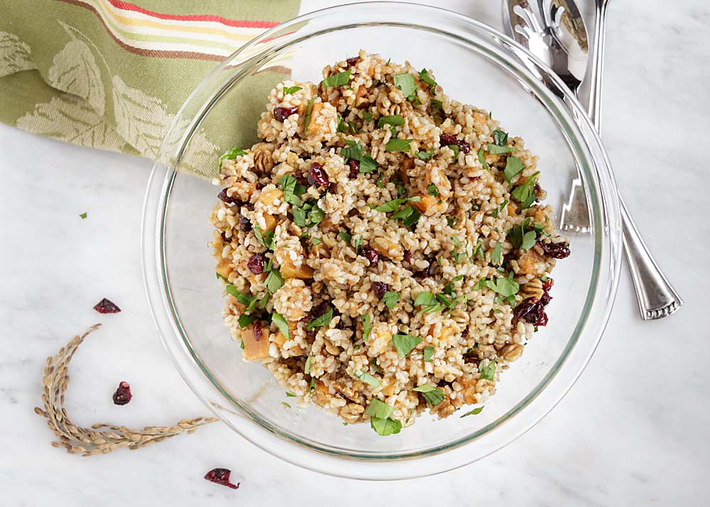 Harvest Brown Rice Salad with Sweet Potatoes & Cranberries has an earthy feel that reminds you of the goodness of the harvest. You might almost forget it’s winter. 