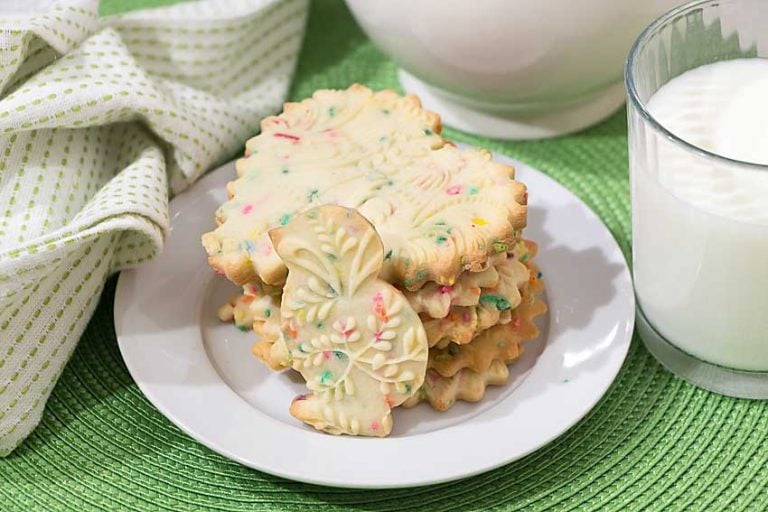 Made with an embossed roller and colored jimmies, Confetti Shortbread Cookies are an easy treat to bring some spring into your life.