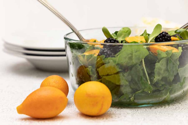 Slightly sweet and colorful, this kumquat blackberry salad is simple, fresh and nutritious. Not to mention cheery and tasty--eat a rainbow!