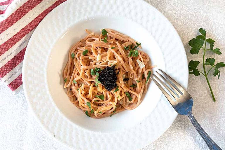 Sleek, flavorful and indulgent (but not as much as you think), Pasta with Vodka Caviar Sauce is a quick and easy entree.  Who needs to feel special? 