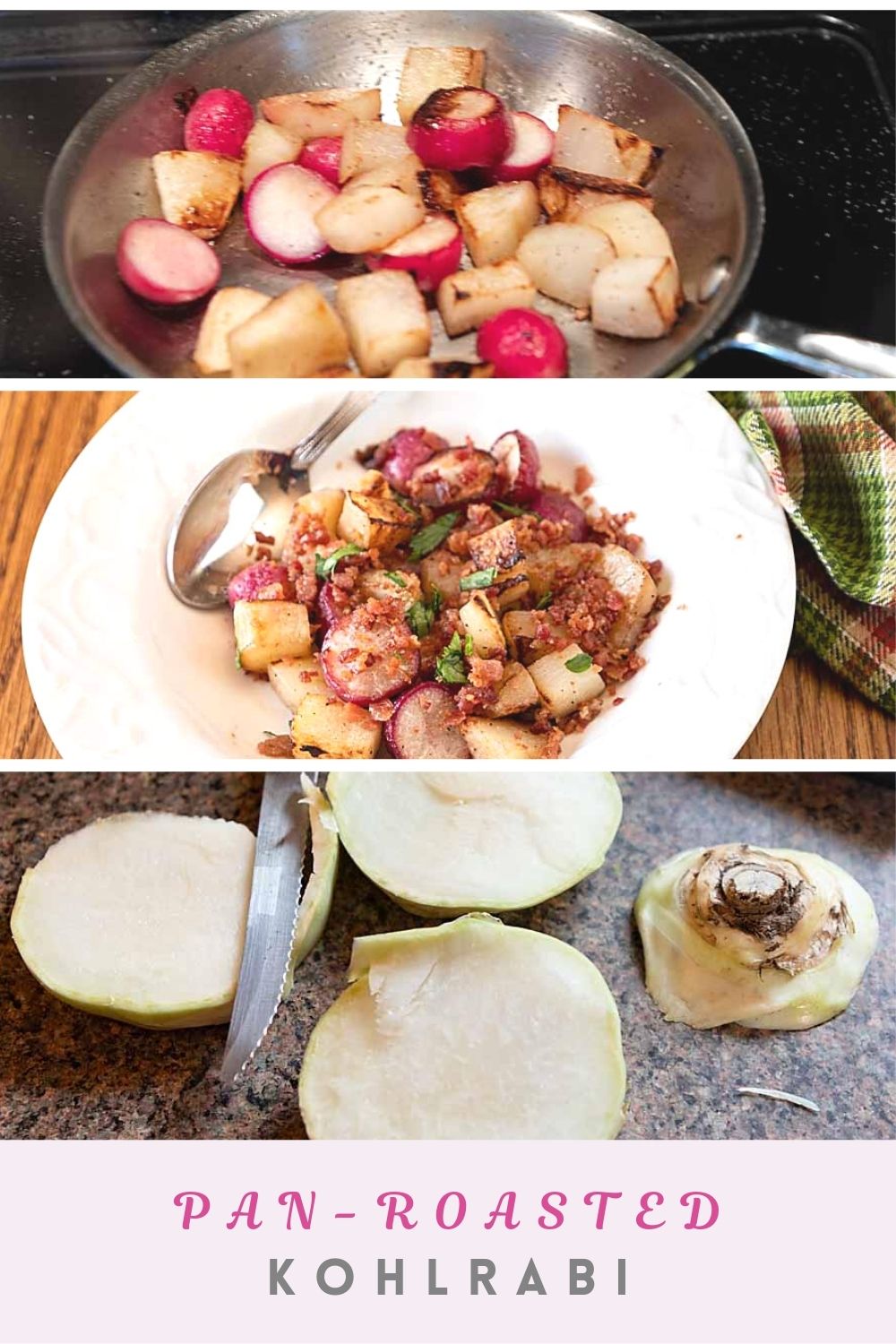 Caramelized and mellow, with a hint of smokey bacon, Pan Roasted Kohlrabi and Radishes is quick, easy, and won't heat up the kitchen!