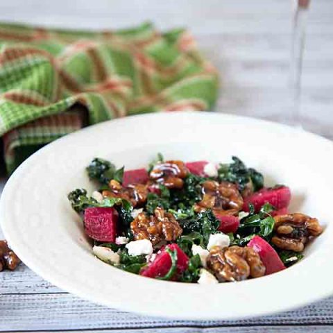 Kale Feta Salad with Candied Walnuts, Beets Optional