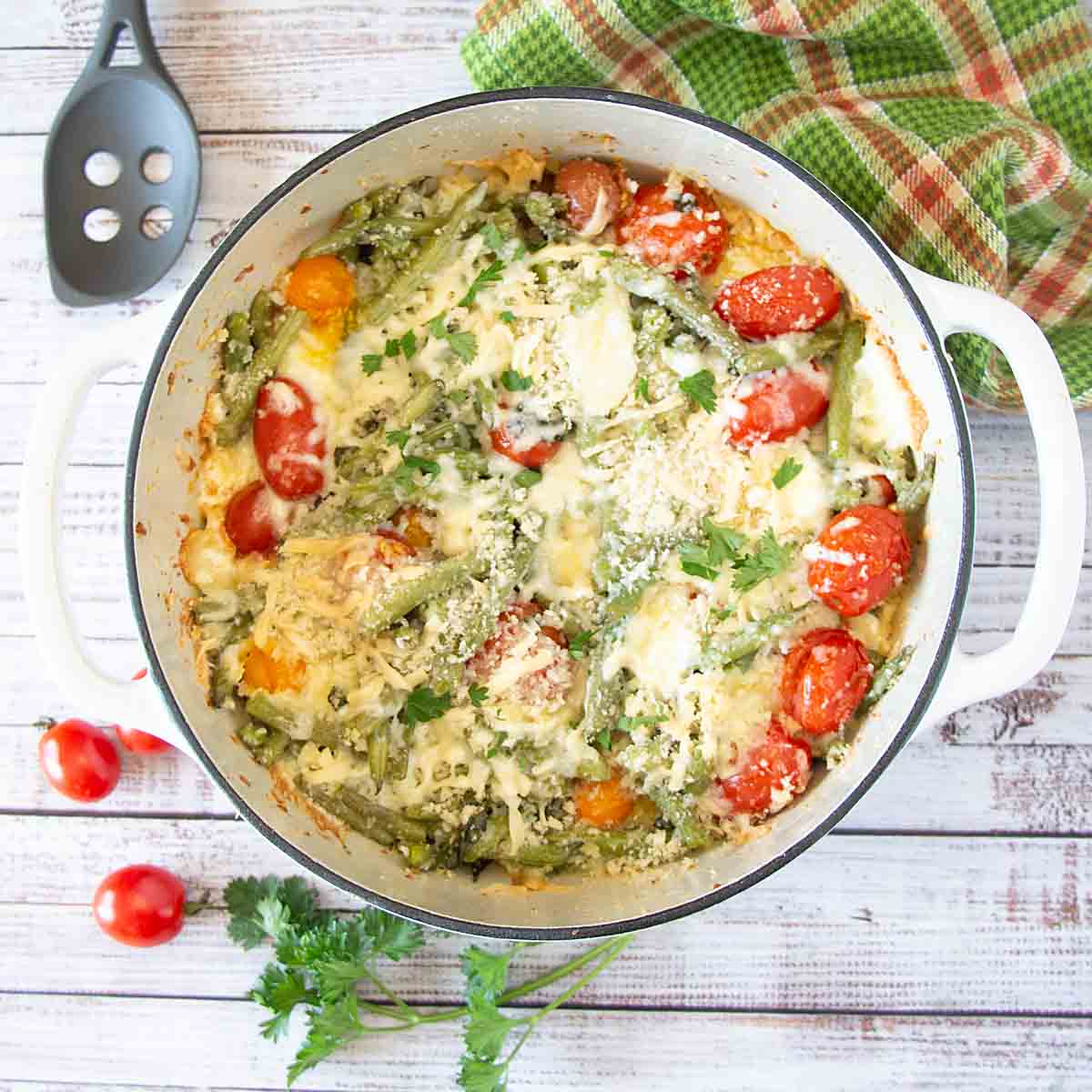 Cheesy Green Bean Casserole with Cherry Tomatoes – Art of Natural Living