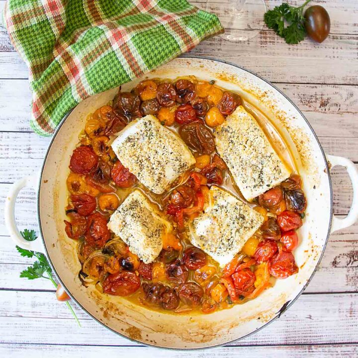 One Pan Baked Halibut w/ Cherry Tomatoes