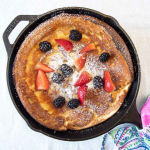 With a creamy, egg-y center & puffy, crisp exterior, a German Pancake (or Dutch Baby Pancake) is perfect for breakfast, brunch or dinner.