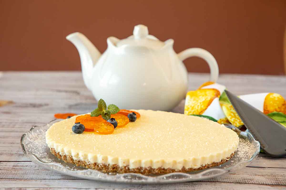 Lemon Posset Tart with teapot
