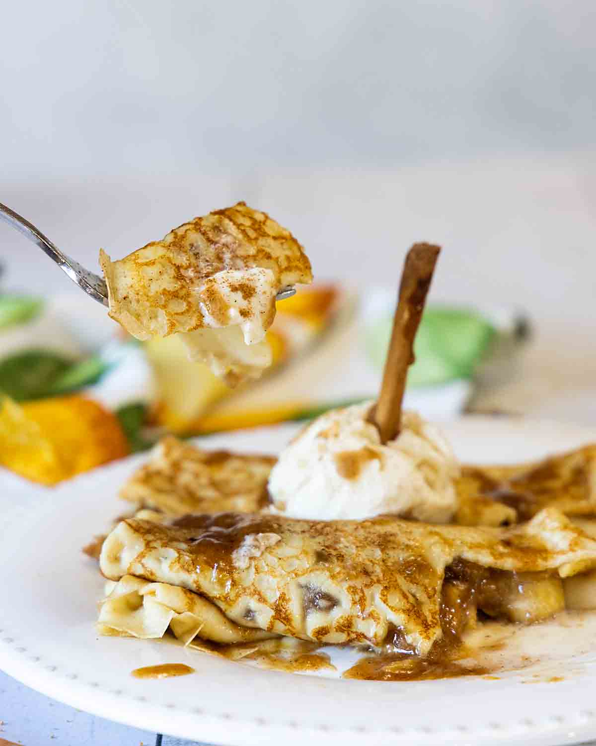 taking a bite of crepe