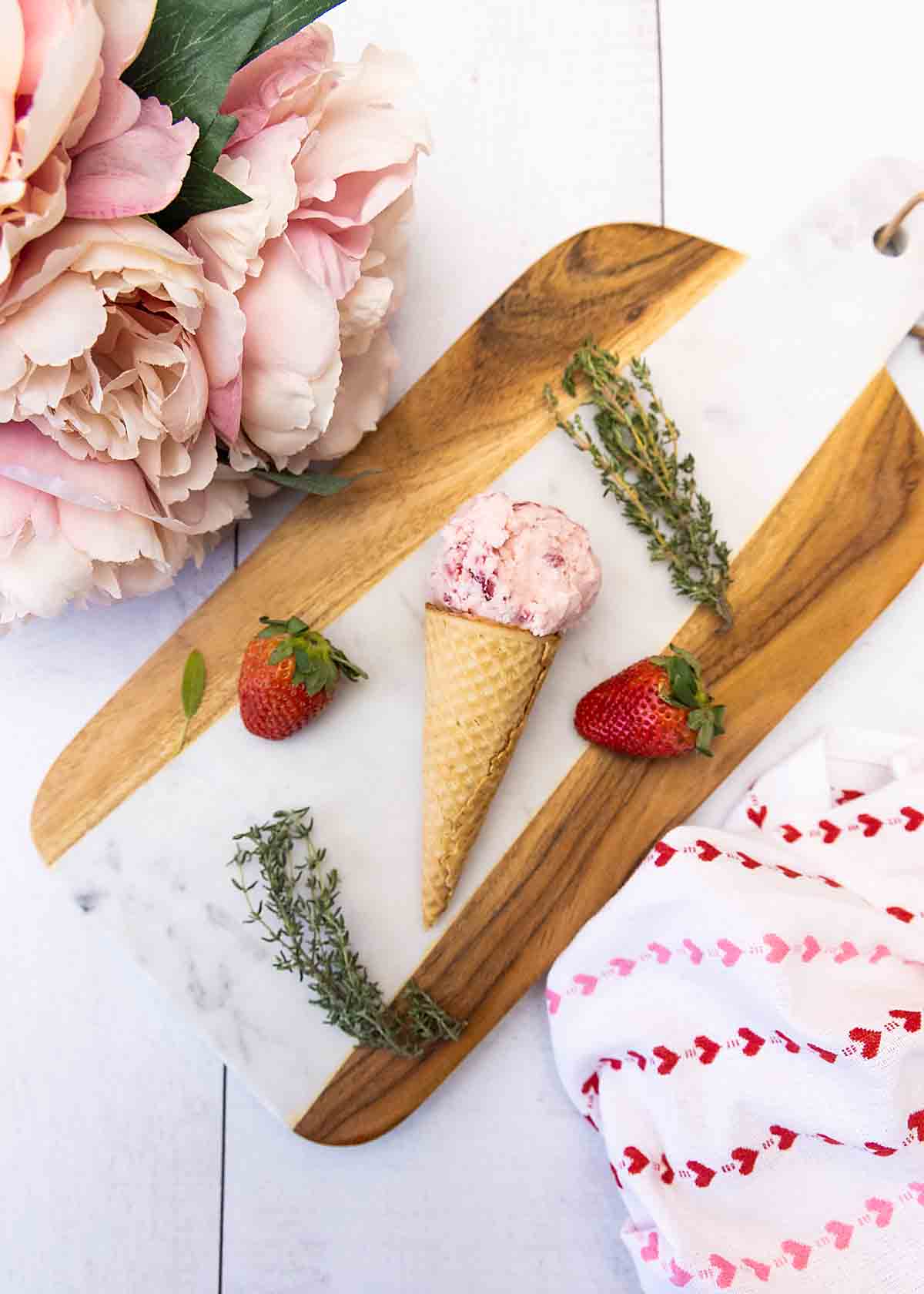 homemade strawberry ice cream in cone