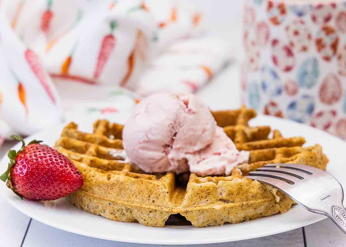 homemade strawberry ice cream on waffle