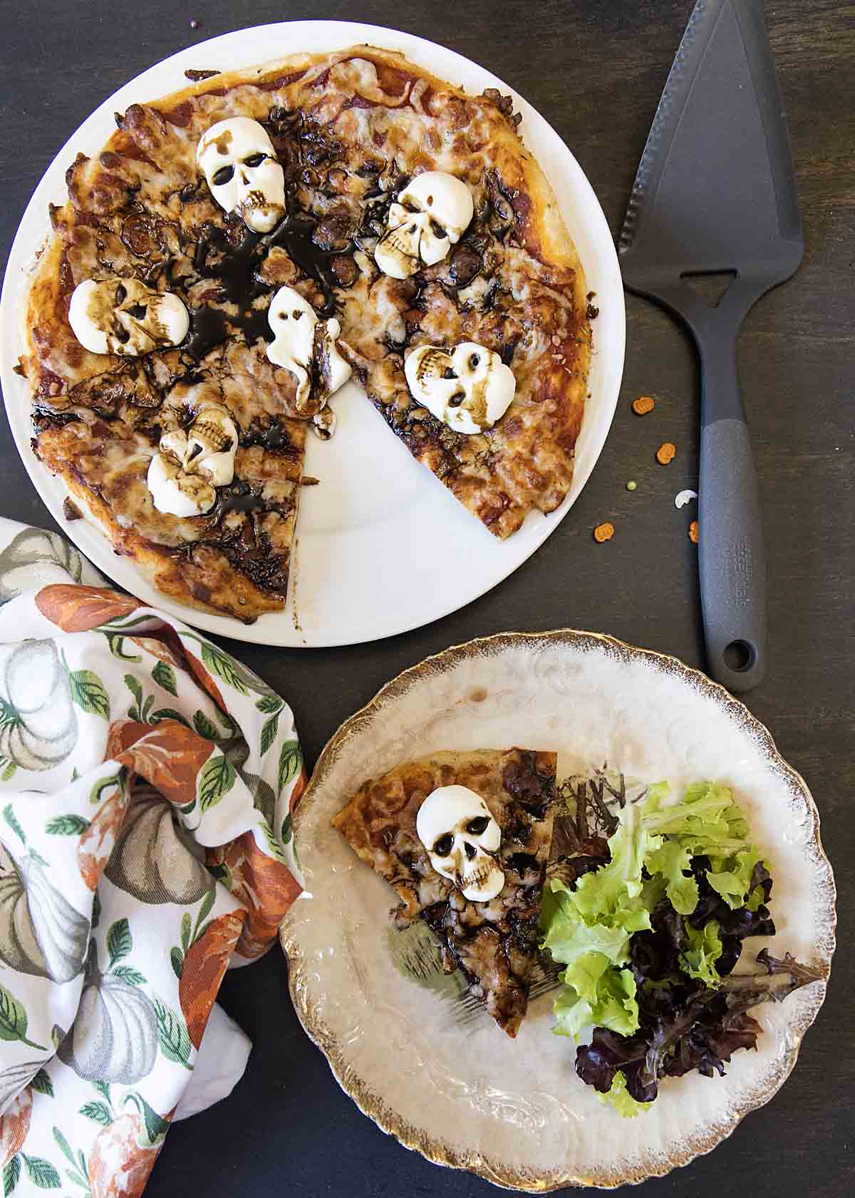 Halloween Pizza with mozzarella skulls