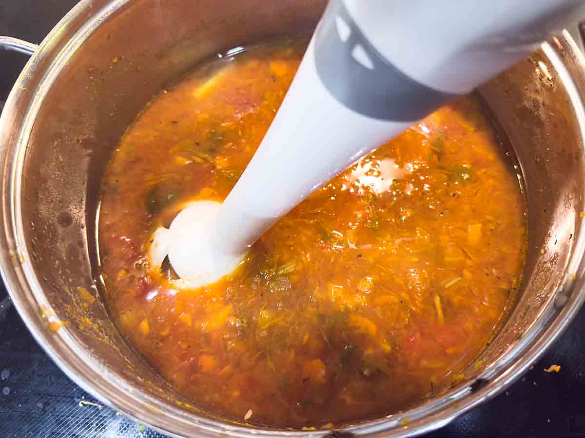 puree soup with immersion blender