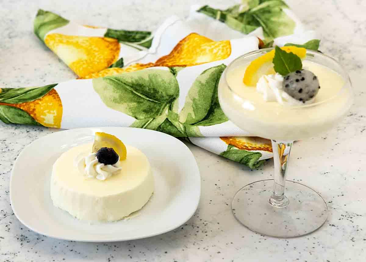 panna cotta unmolded, and in a decorative glass