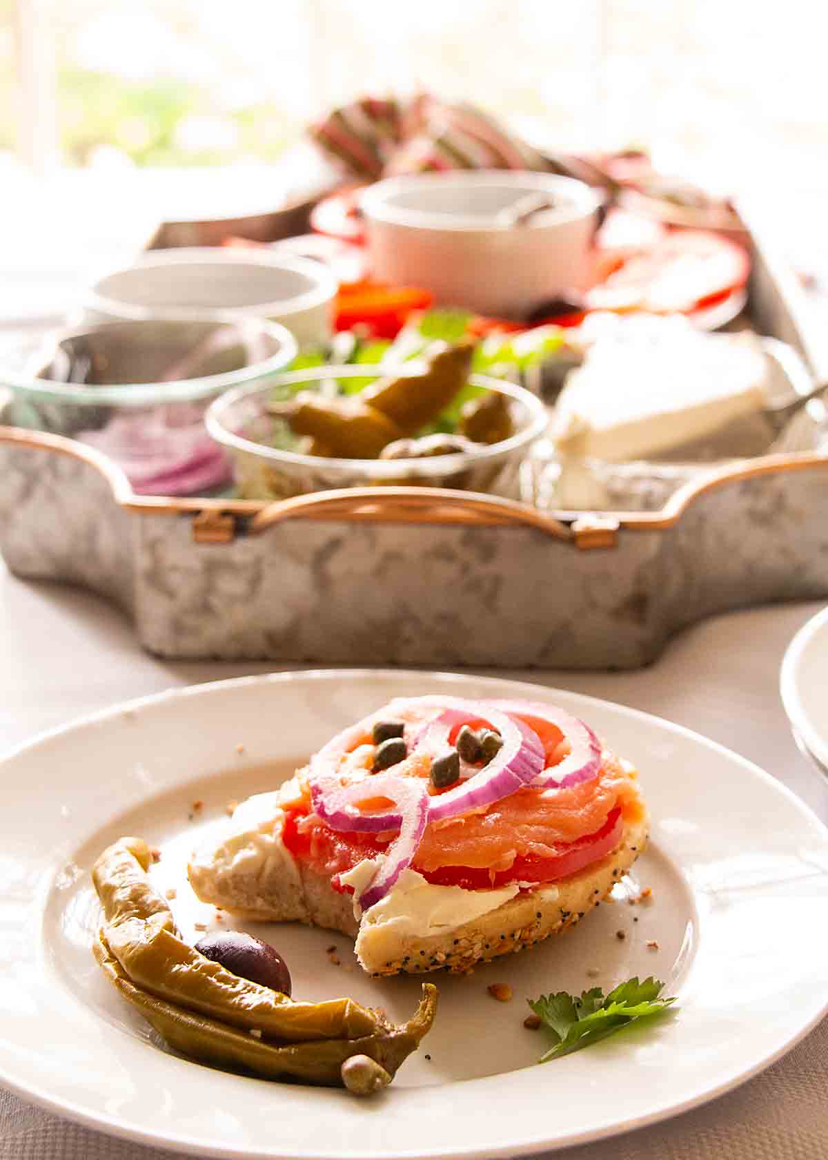 bagels and lox with serving tray