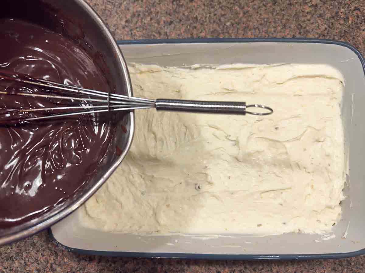 spread chocolate layer over cheesecake layer
