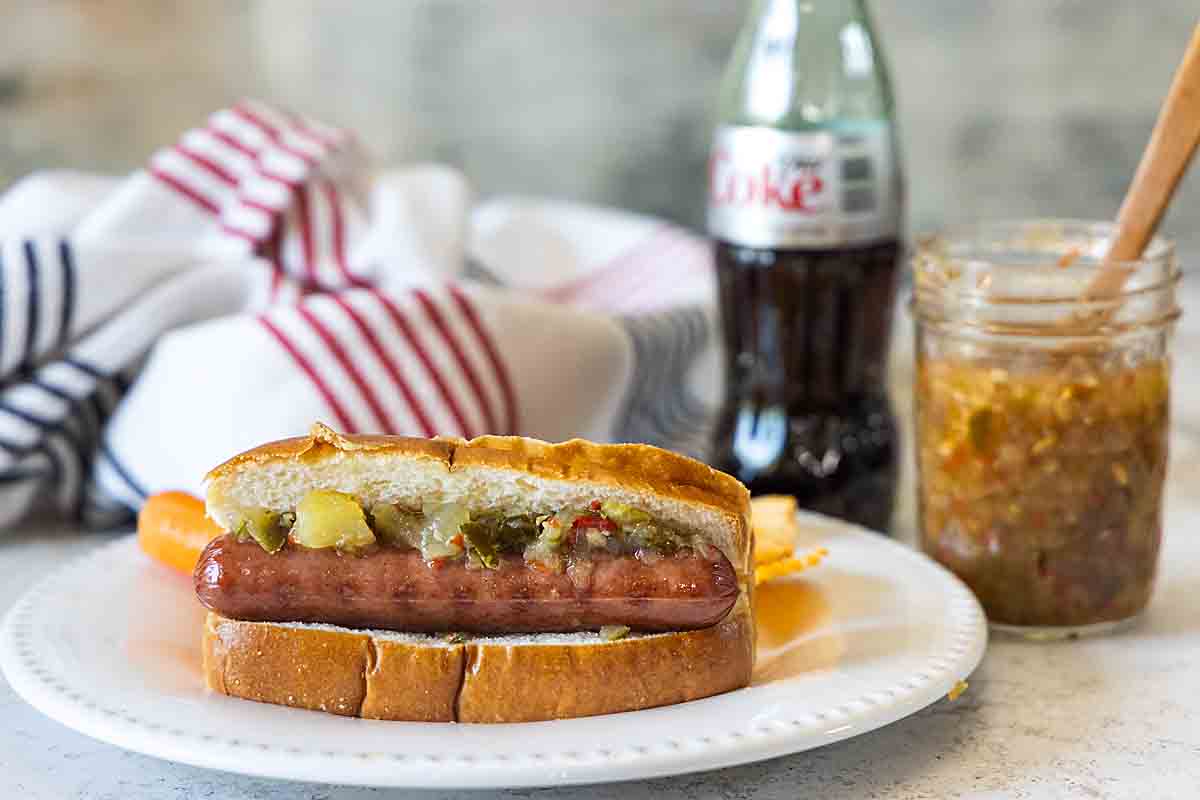 Dill Pickle Relish on a hot dog