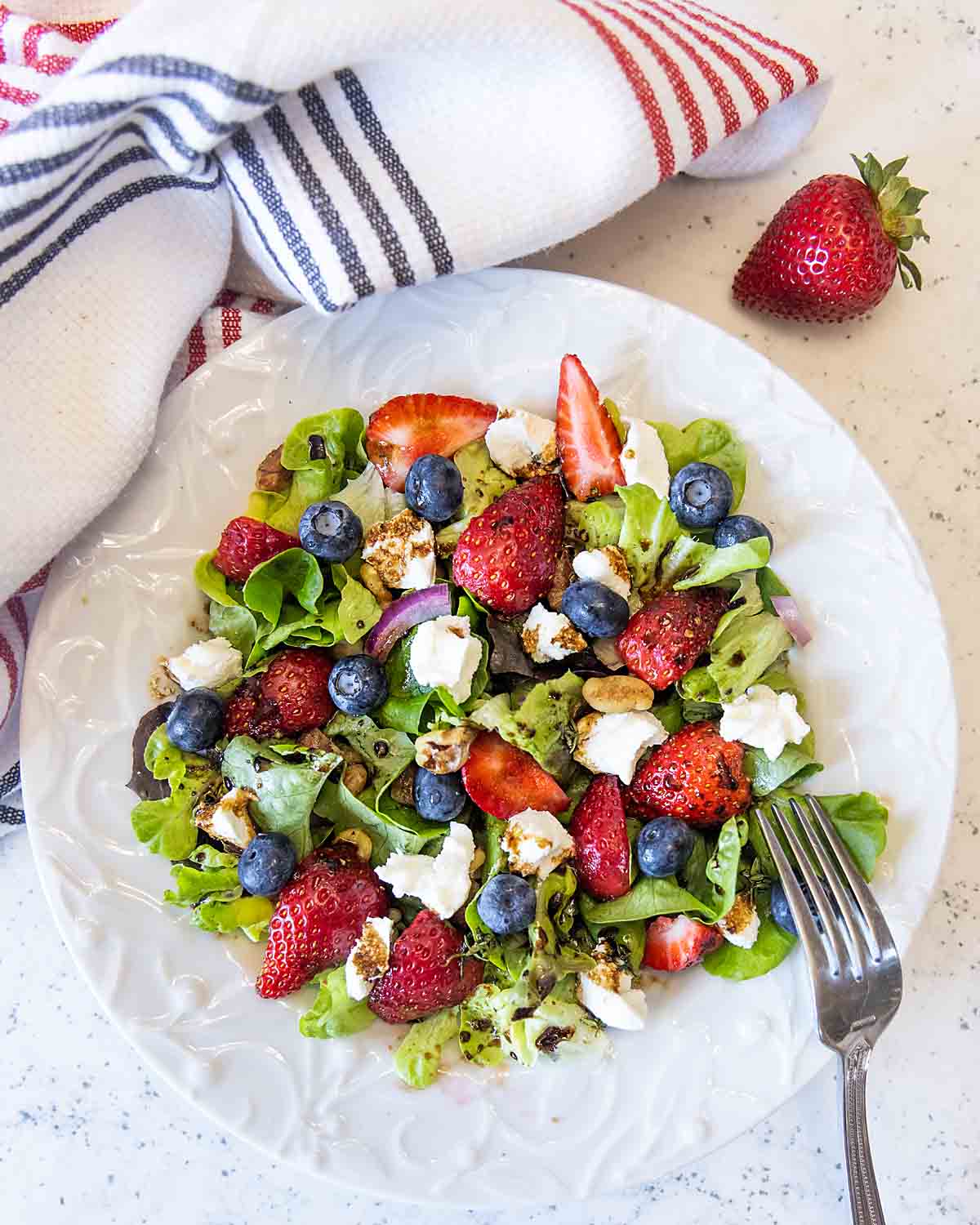 Strawberry Goat Cheese Salad with Blueberries added