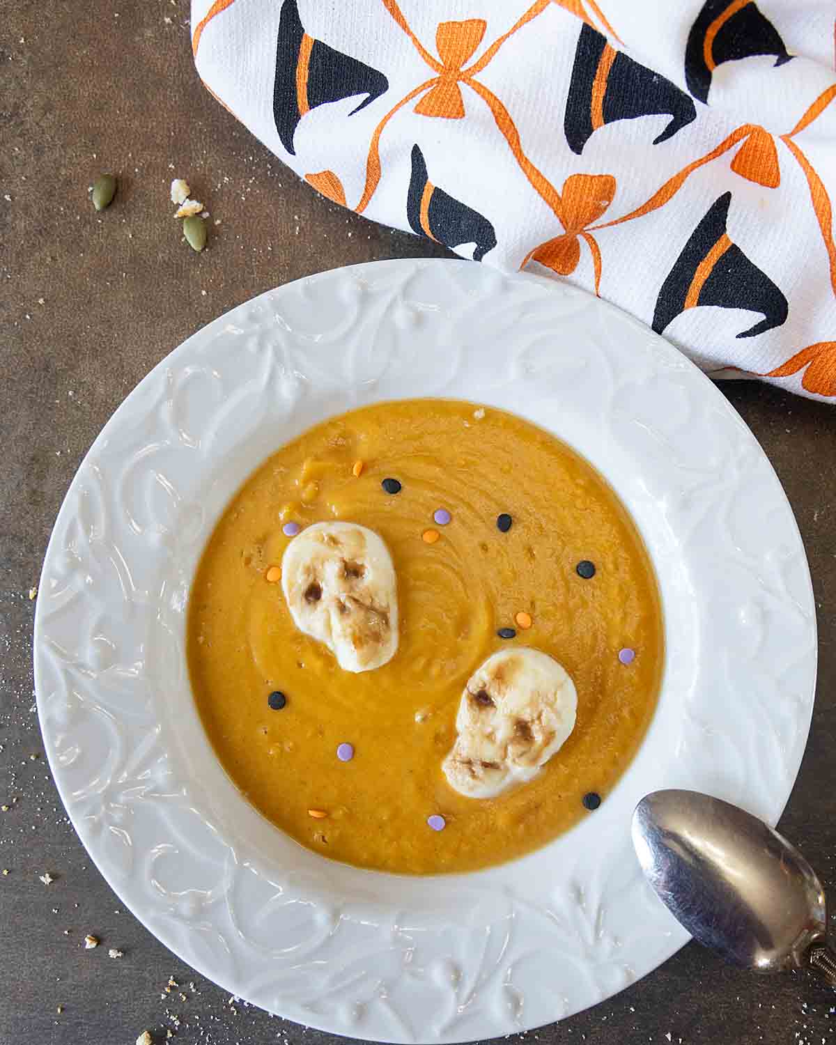 Creamy Sweet Potato Soup with fresh mozzarella skulls